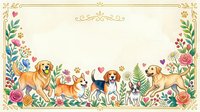 Watercolor dogs and floral border frame with copy space, featuring golden retriever, corgi, beagle, and bulldog among roses and greenery.