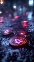 Physical cryptocurrency coins in rain with neon pink and blue reflections on wet surface, dramatic lighting and bokeh effects create moody atmosphere.