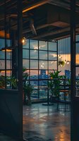 Industrial loft interior with floor-to-ceiling windows overlooking city skyline at sunset, featuring exposed beams, hanging plants, and warm ambient lighting for modern urban lifestyle and real estate design.