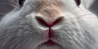Close-up macro shot of fluffy rabbit nose and mouth with detailed whiskers and soft fur texture for pet care and animal photography projects.