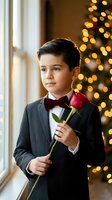 Young boy in formal tuxedo holding red rose near Christmas tree with warm bokeh lights creating festive holiday atmosphere for special occasions.