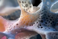 Macro view of porous bone structure showing intricate honeycomb pattern in pink and blue tones, highlighting natural cellular architecture and biological tissue formation.