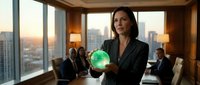 Confident businesswoman holding glowing green globe in corporate boardroom, colleagues in background, city skyline at sunset, sustainability leadership concept.