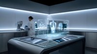 Futuristic medical laboratory with holographic displays and digital interfaces for healthcare technology and scientific research applications.