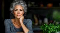 Confident mature woman with natural gray hair and radiant smile in casual attire, hand on chin, against blurred kitchen background with green plants.