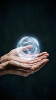 Adult male hands holding glowing transparent sphere against dark background, symbolizing innovation, technology, and future concepts for business and creative projects.