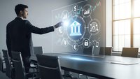 Professional businessman interacting with holographic financial technology interface displaying banking icons and data analytics in modern office.