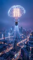 Glowing brain lightbulb floating above smart city with digital connections and light trails representing innovation, artificial intelligence and creative thinking.