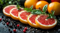 Fresh grapefruit slices arranged in row with mint leaves, cranberries and sea salt on dark background. Vibrant citrus fruit composition for healthy eating.