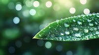 Fresh green leaf with morning dew drops against blurred bokeh background in nature. Macro photography captures water droplets on plant surface in spring.
