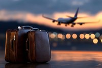 Vintage leather suitcases at airport with airplane silhouette against dramatic sunset sky, symbolizing travel and adventure.