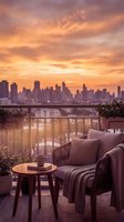 Rooftop terrace with comfortable seating overlooking urban skyline at golden hour sunset, featuring modern furniture, potted plants, and city lights reflecting in water below.