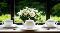 White porcelain tea set with elegant roses bouquet arrangement by window, natural daylight illuminates classic afternoon tea setting on wooden table.
