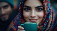 Young Middle Eastern woman in colorful traditional headscarf smiling while holding green coffee cup, with soft bokeh background and natural lighting effect.