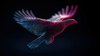 Glowing eagle silhouette with particle effect in pink and blue neon colors against dark background, digital art style showing majestic bird in flight with spread wings.