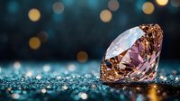 Pink diamond on glittering dark surface with golden bokeh lights in background, luxury jewelry and precious stone macro photography for glamorous design.