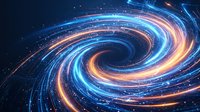 Glowing spiral vortex with blue and orange neon light trails swirling in dynamic motion against dark background, suitable for technology and digital design projects.