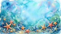 Watercolor underwater scene with colorful starfish on ocean floor. Marine life illustration with blue aquatic background for summer designs and coastal decor.