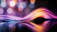 Abstract flowing wave with vibrant purple orange gradient colors and bokeh lights creating dynamic motion effect for modern digital design backgrounds.