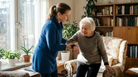 Professional caregiver assisting elderly woman at home. Healthcare worker in blue uniform helping senior patient in cozy living room with books and plants.
