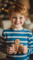 Young child with red hair and blue eyes in striped sweater holding homemade gingerbread cookie with festive bokeh lights in background.