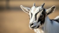Young white and brown goat kid with small horns looking at camera in farm setting with soft blurred background for agricultural and livestock content.