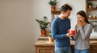 Young Caucasian man giving red gift box to surprised woman in modern kitchen during romantic moment together at home for special occasion celebration.