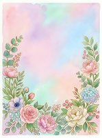 Watercolor floral border with pastel roses, peonies, and greenery on a soft rainbow background, perfect for cards and invitations.