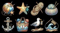 Nautical knitting clipart set with yarn, starfish, anchor, seagull, wave, and beach bag, isolated on transparent background. Great for stickers, t-shirt design, print on demand.