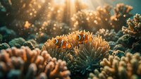 Clownfish swimming among vibrant anemone coral reef during golden hour sunlight, suitable for marine life, ocean conservation, and aquatic wildlife content.