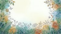 Watercolor botanical frame with hand-drawn foliage, flowers, and leaves in muted earth tones and greens surrounding cream center space for text or design projects.