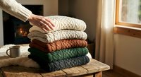 Woman's hand touching stack of cozy knitted sweaters in earth tones on wooden table near fireplace creating warm autumn winter home atmosphere.