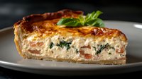 Savory quiche slice with creamy egg custard filling, fresh herbs, and vegetables in golden pastry crust on white plate for gourmet cooking and dining concepts.