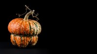 Stacked orange and green pumpkins with dried stem isolated on black background, ready for autumn harvest designs and seasonal marketing materials.