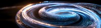 Glowing spiral light trails in motion against dark background create dynamic swirling pattern with blue and white illuminated streaks in panoramic view.