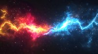 Colorful cosmic energy collision with vibrant orange and blue lightning bolts meeting in space against dark starry background.
