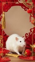 White rat sitting among red lanterns and gold tassels against ornate red and gold frame with traditional patterns, suitable for lunar new year celebrations and festive greetings.