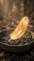 Golden glowing feather in rustic wooden bowl with soil and green sprouts symbolizing growth, renewal and spiritual transformation in warm natural light.