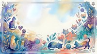 Watercolor cats and floral border frame with hearts and paw prints in pastel colors creating decorative space for text or design elements.