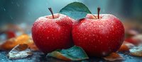 Fresh red apples with water drops and green leaves on dark background with autumn foliage, macro shot in soft light. Healthy organic produce concept.