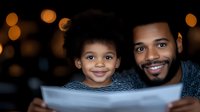 African American father and young son reading book together at home with warm bokeh lights creating cozy evening atmosphere for family bonding time.