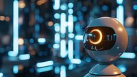 Futuristic white robotic head with glowing orange eye against blurred blue neon lights background creates modern technological atmosphere. Great for AI concepts.