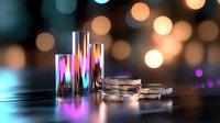 Glowing neon bar chart made of glass columns with scattered silver coins on dark reflective surface against blurred bokeh lights background.