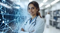 Young female healthcare professional with stethoscope in modern medical facility, digital health network overlay representing telemedicine and medical technology innovation for healthcare industry.