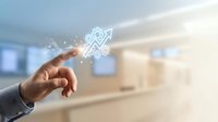 Businessman hand touching digital innovation icon with network connections in modern office environment for technology and business growth concepts.