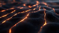 Abstract digital landscape with glowing orange circuit pathways flowing through dark textured surface creating futuristic technology background.