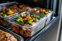 Healthy meal prep containers with grilled chicken, broccoli, bell peppers and quinoa. Fresh homemade food portions for weekly balanced nutrition planning.