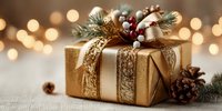 Golden wrapped Christmas gift box with pine cones, evergreen branches and berries, surrounded by warm bokeh lights for holiday celebration and festive decor.