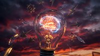 Glowing lightbulb with energetic plasma inside against dramatic red sky, symbolizing innovation, creativity, and breakthrough ideas for business and technology concepts.