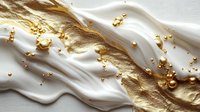 Luxurious white cream with golden shimmer and metallic spheres creating elegant flowing texture for premium cosmetic and beauty product designs.